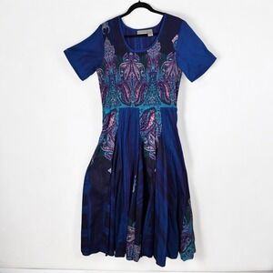 Drapers &‎ Damons Midi Dress Woman Large Blue Smocked Paisley Print Cotton Boho